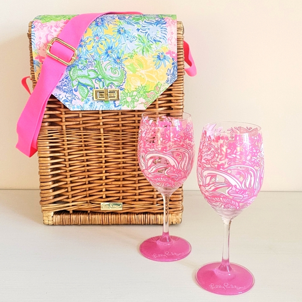 Lilly Pulitzer wicker wine tote with glasses
